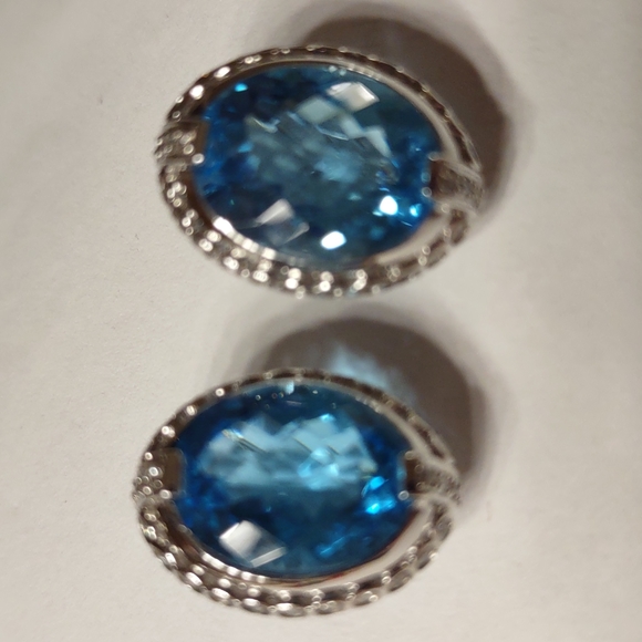 Hold For Sara- Blue Topaz earrings 14kt white gold, channel set diamonds, French - Picture 4 of 9